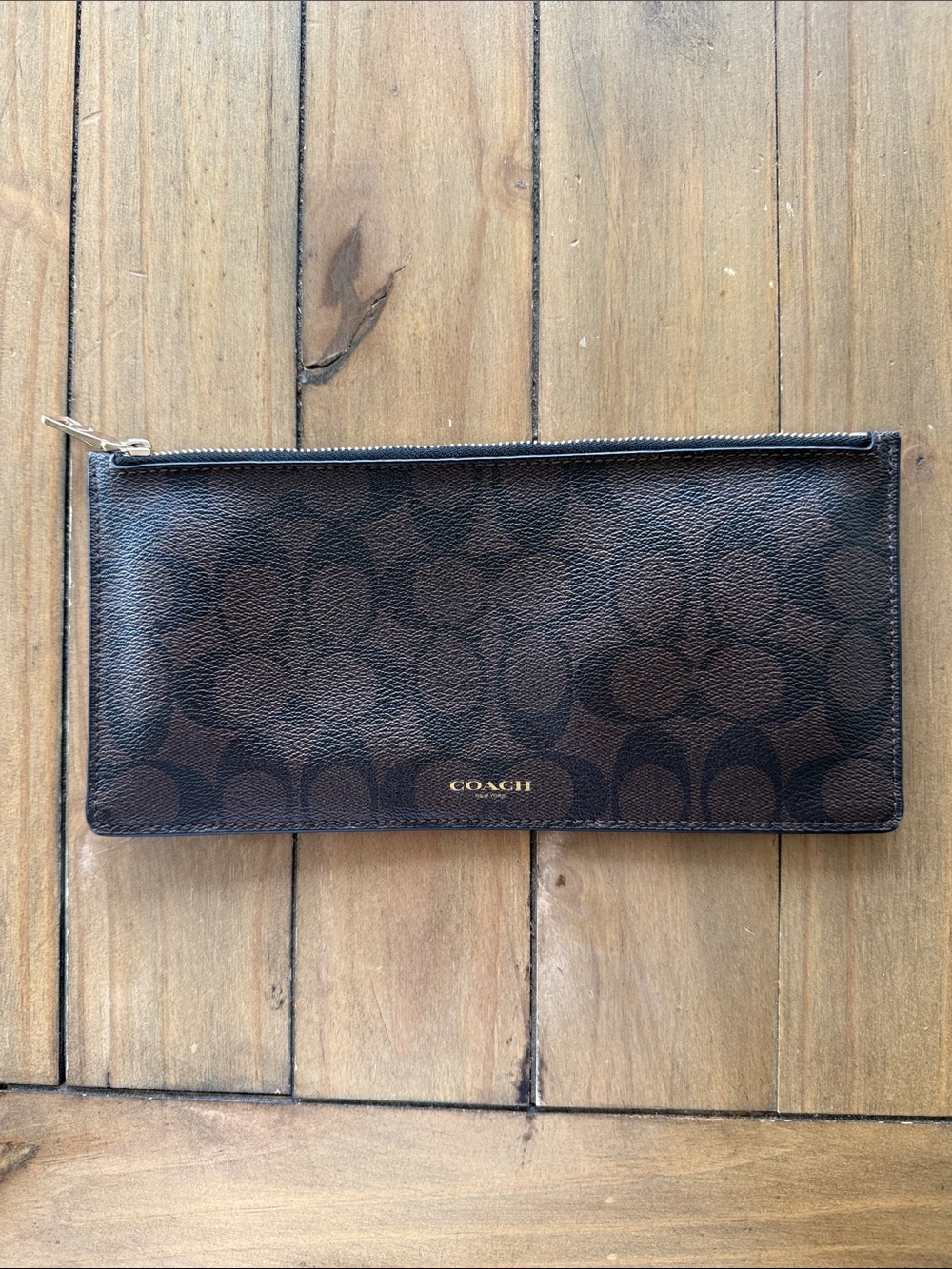 Coach Signature Zip Pouch Wallet - Dark Brown/Black